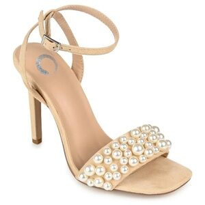 Journee Collection Pearl-Studded Beige Heels